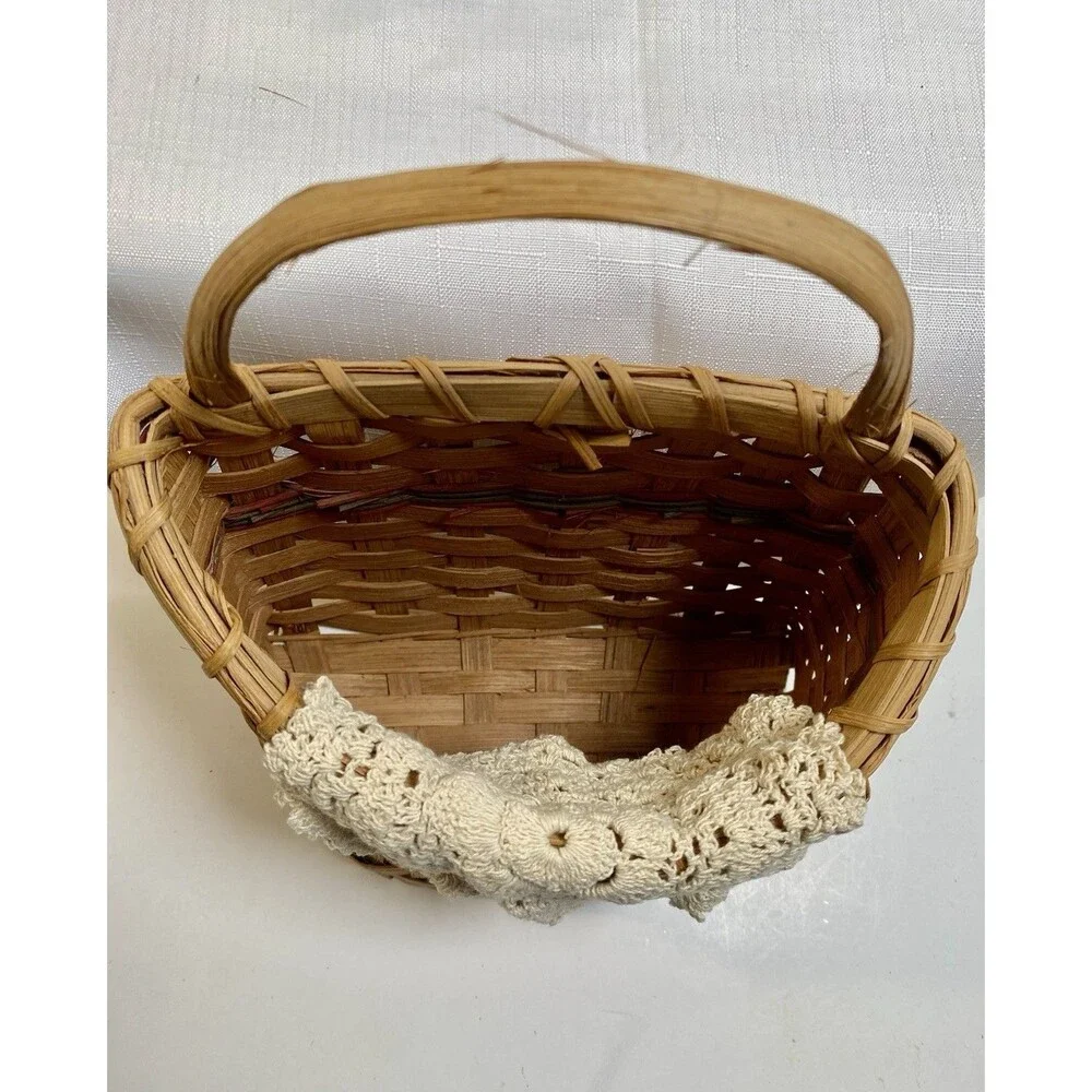 Vintage Wicker Wall Basket Hanging Pocket w Doily Cottagecore Decor Country 10”